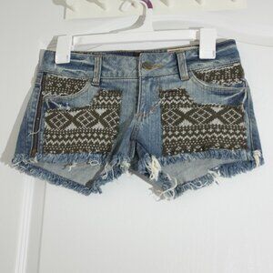 SIWY rose Jean Shorts Cutoff Decorative Sweater Patches Front Side Zipper